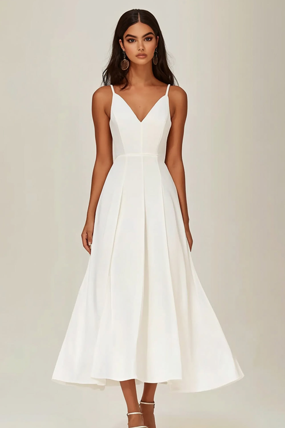 Simple White Satin Long V Neck A Line Engagement Dress