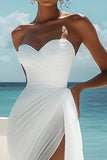 White Tulle Sweetheart Ruched Maxi Boho Dress with Slit