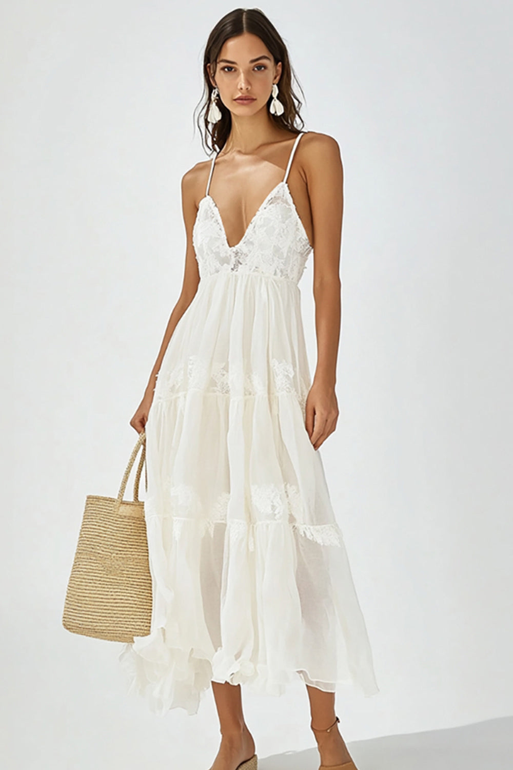 White V Neck A Line Maxi Boho Dress with Lace