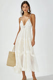 White V Neck A Line Maxi Boho Dress with Lace