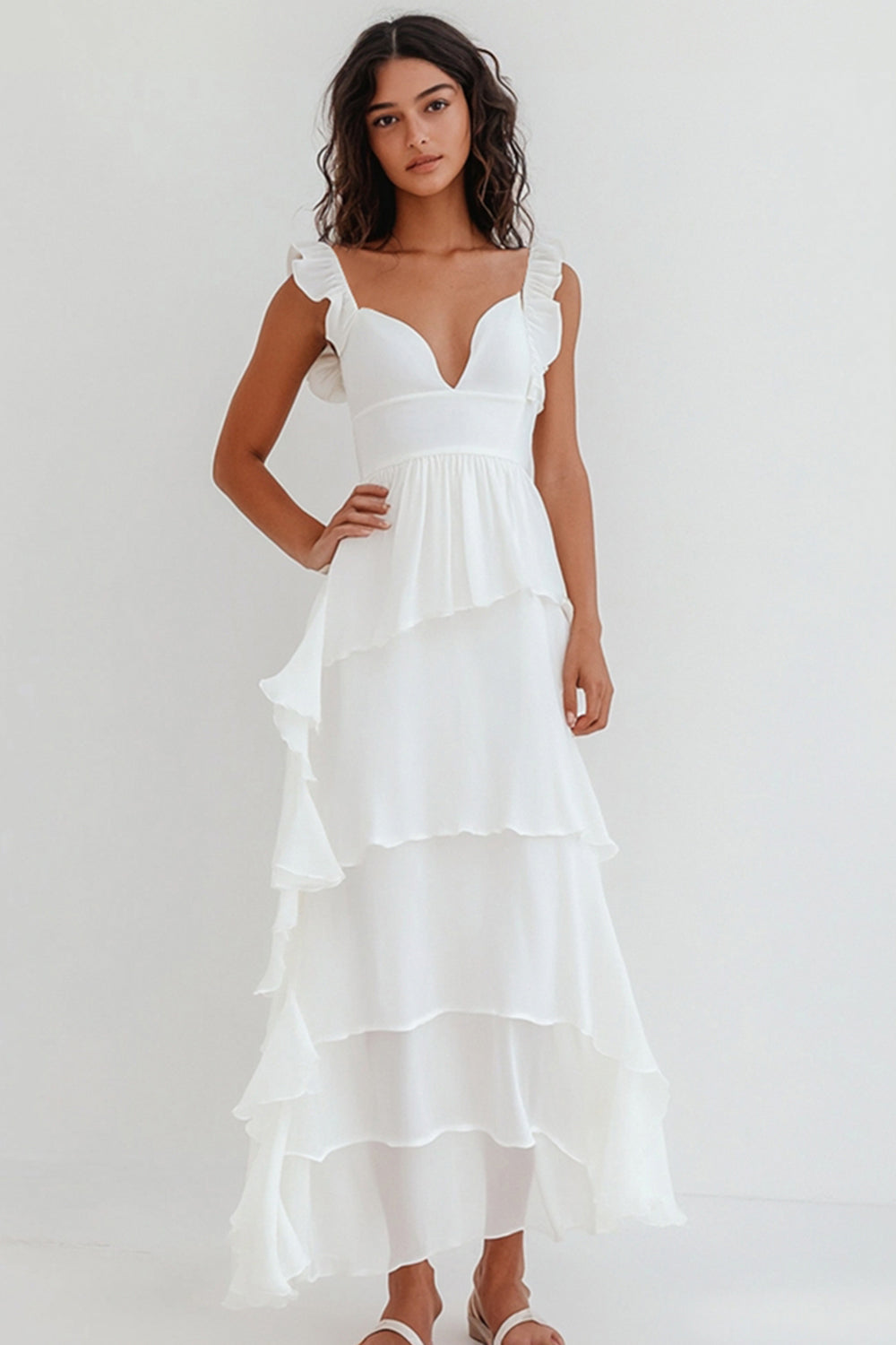 White Chiffon V Neck Tiered Long Engagement Dress with Ruffles