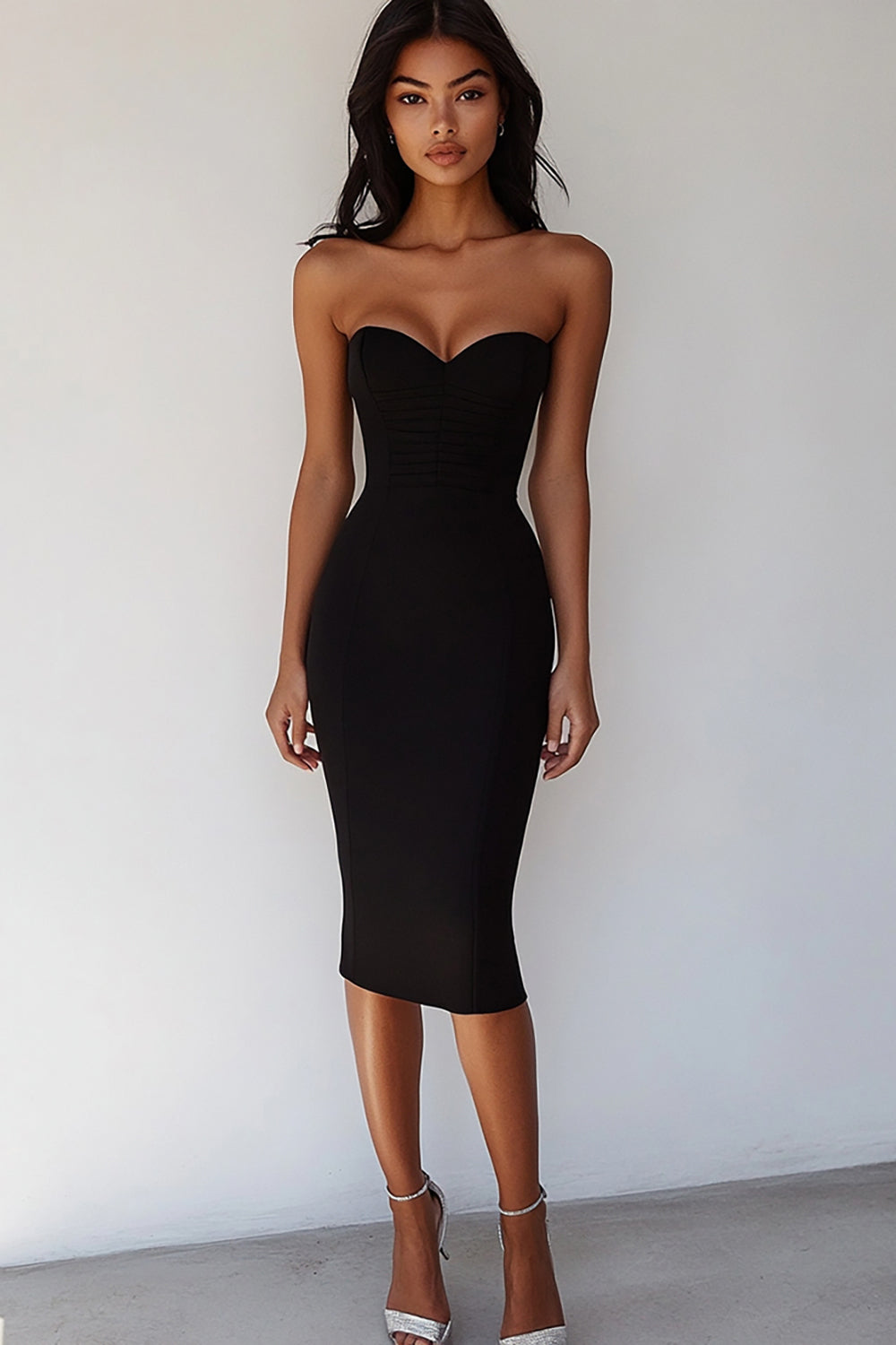 Sweetheart Midi Black Satin Bodycon Cocktail Dress