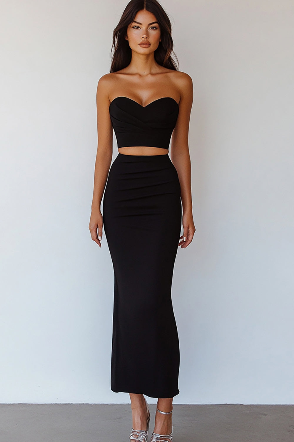 Black Two Piece Sweetheart Long Bodycon Formal Dress