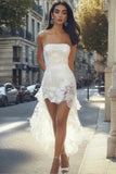Strapless White Lace High-Low Boho Graduation Dress