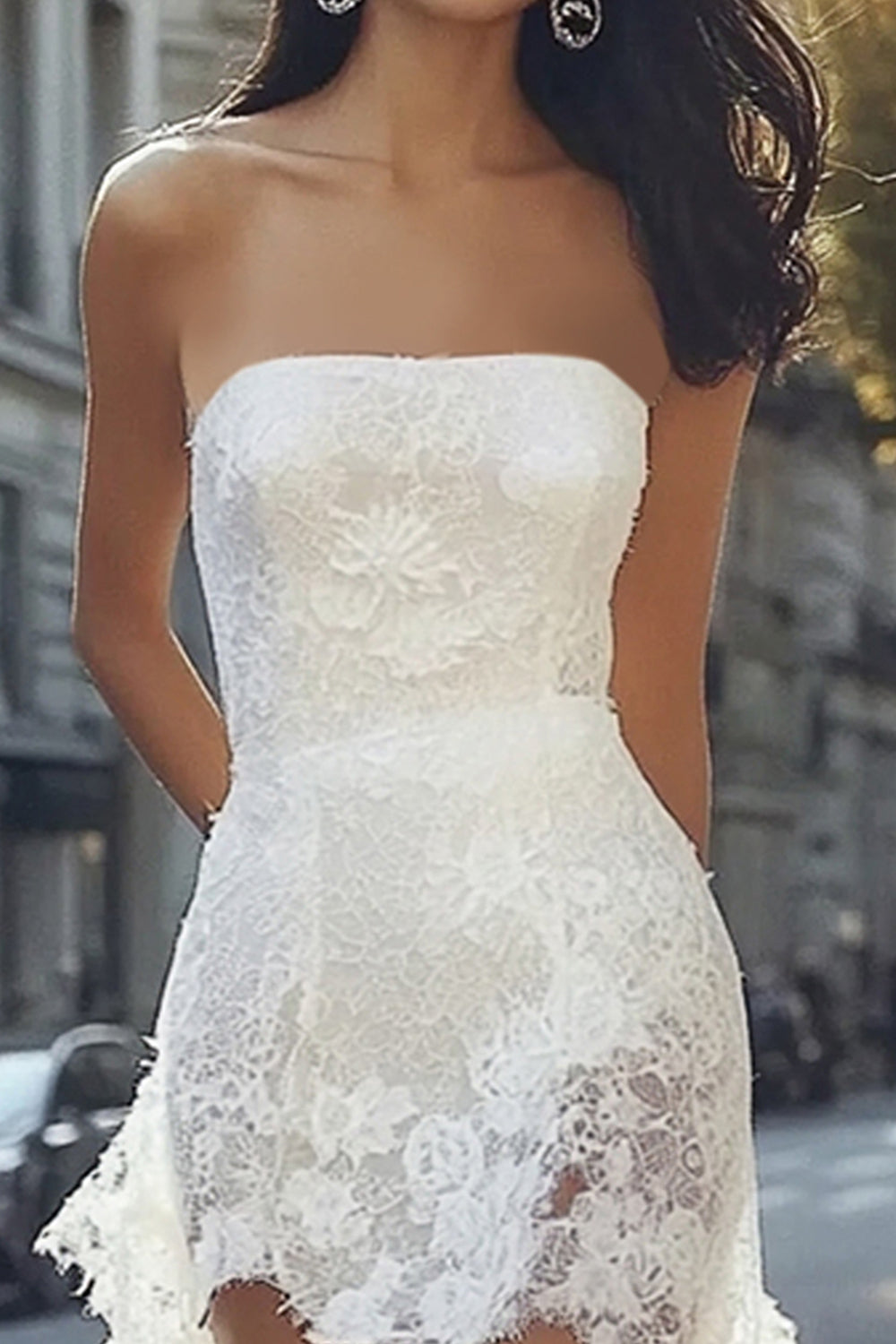 Strapless White Lace High-Low Boho Graduation Dress