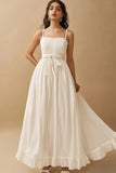 White Long A Line Square Neck Engagement Dress with Bow