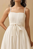 White Long A Line Square Neck Engagement Dress with Bow