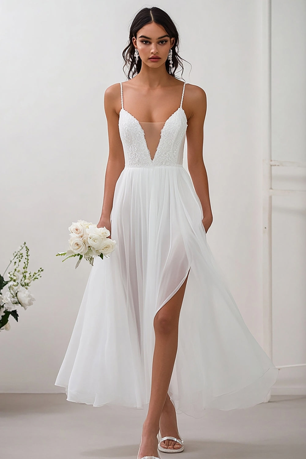 White V-Neck Chiffon Long Engagement Dress with Slit