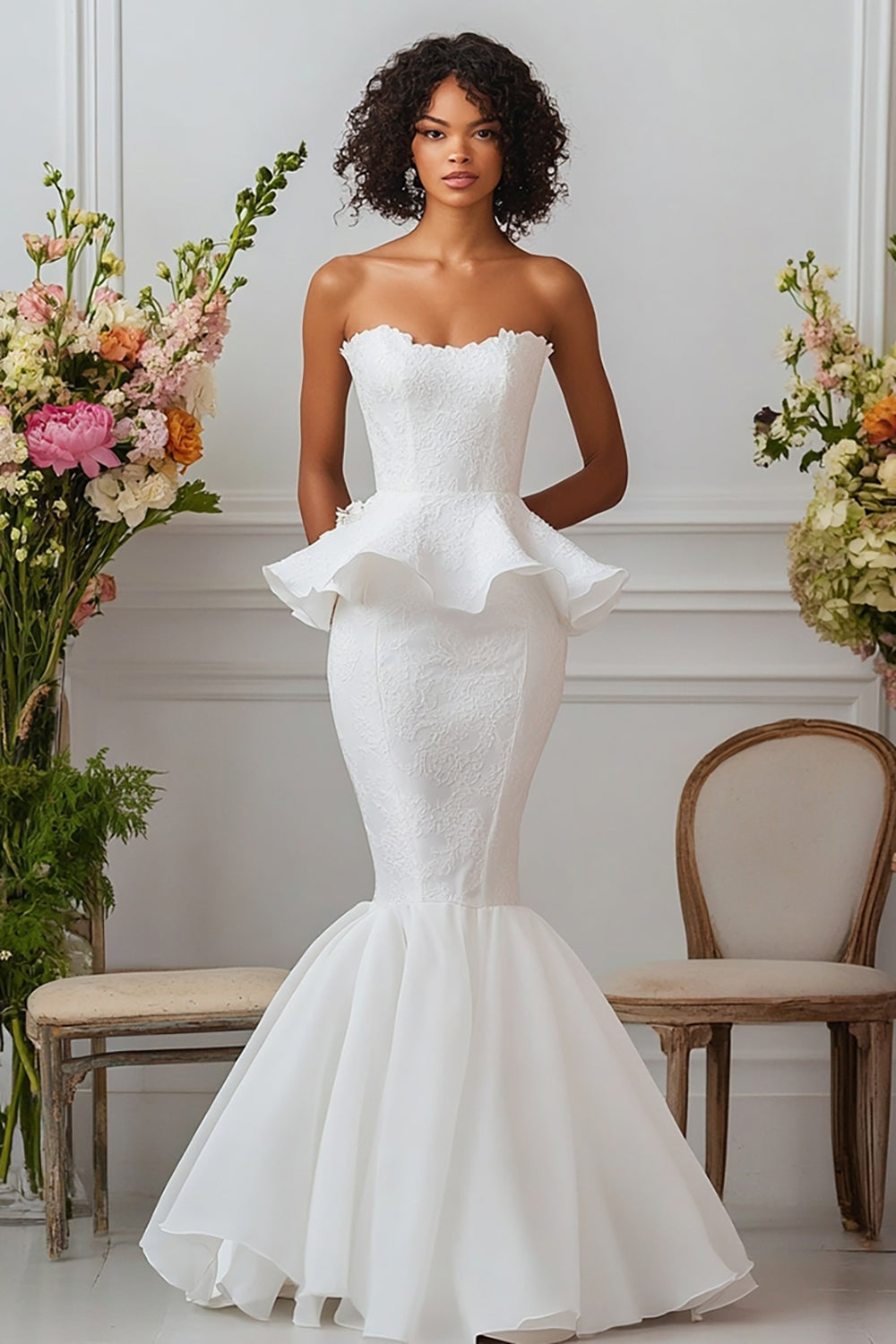 White Strapless Satin Long Mermaid Engagement Dress with Ruffles
