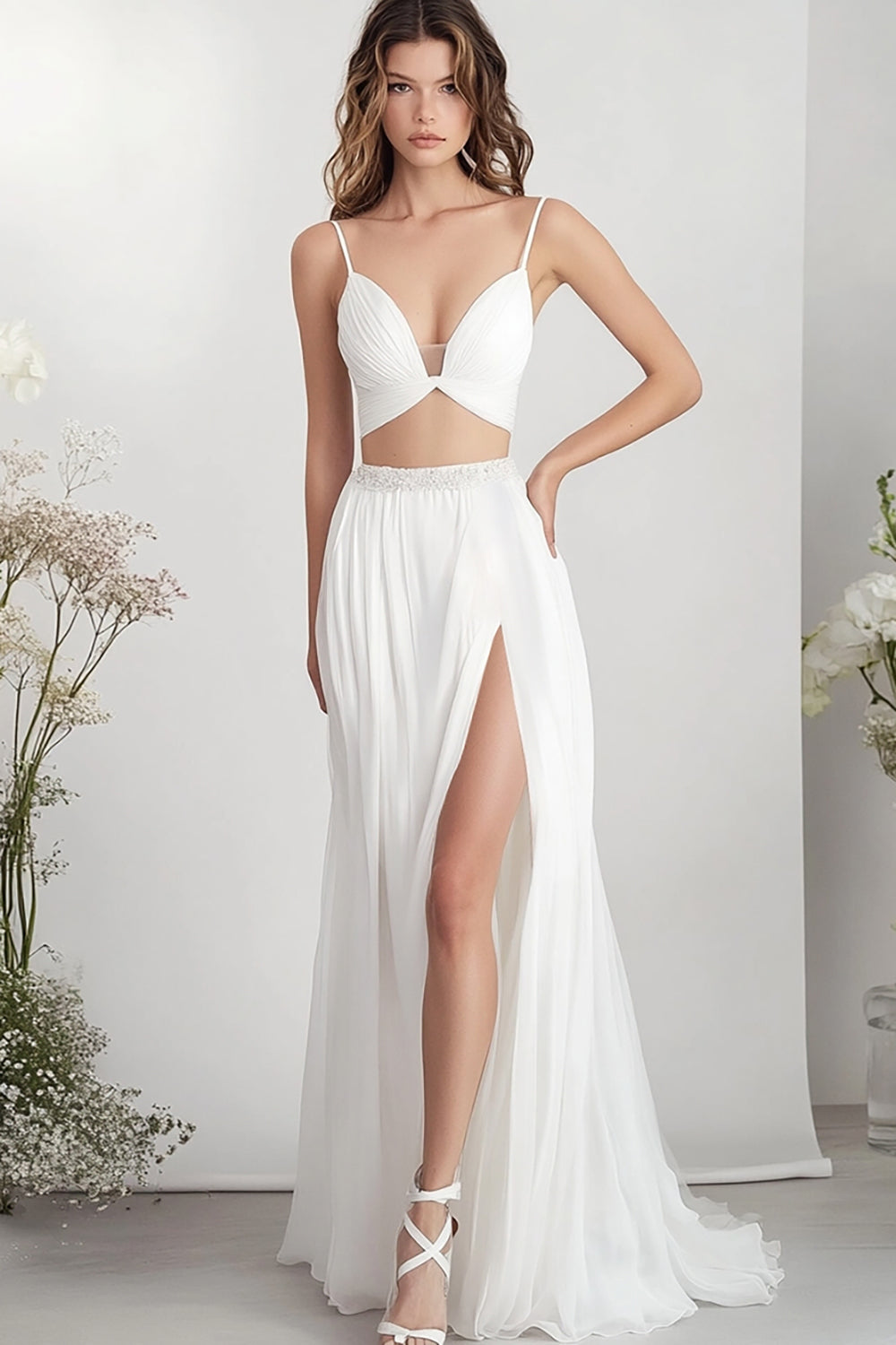White Chiffon Two Piece Long Engagement Dress with Slit