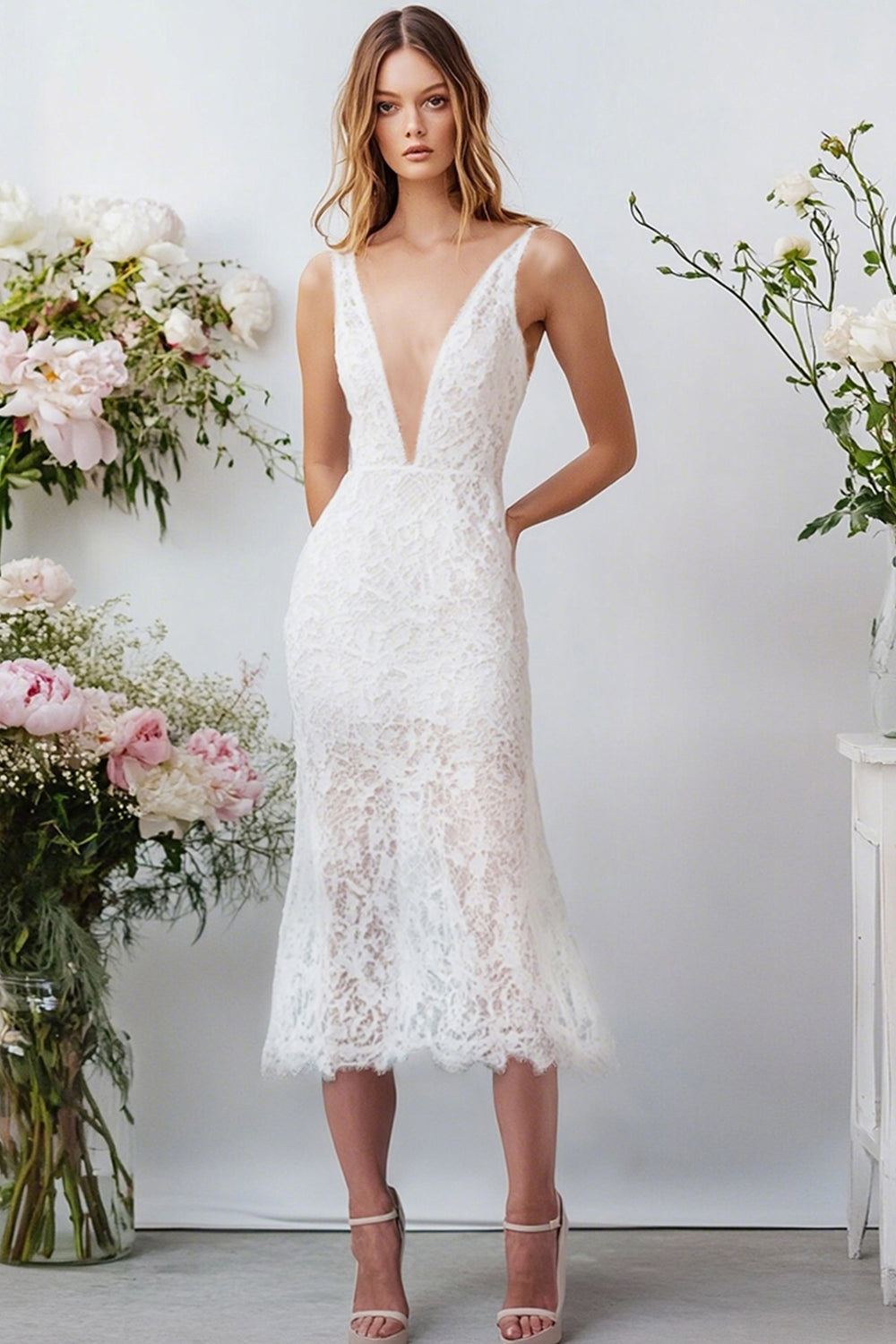 White V-Neck Lace Long A Line Engagement Dress