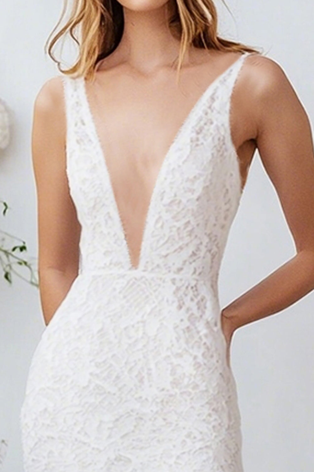 White V-Neck Lace Long A Line Engagement Dress