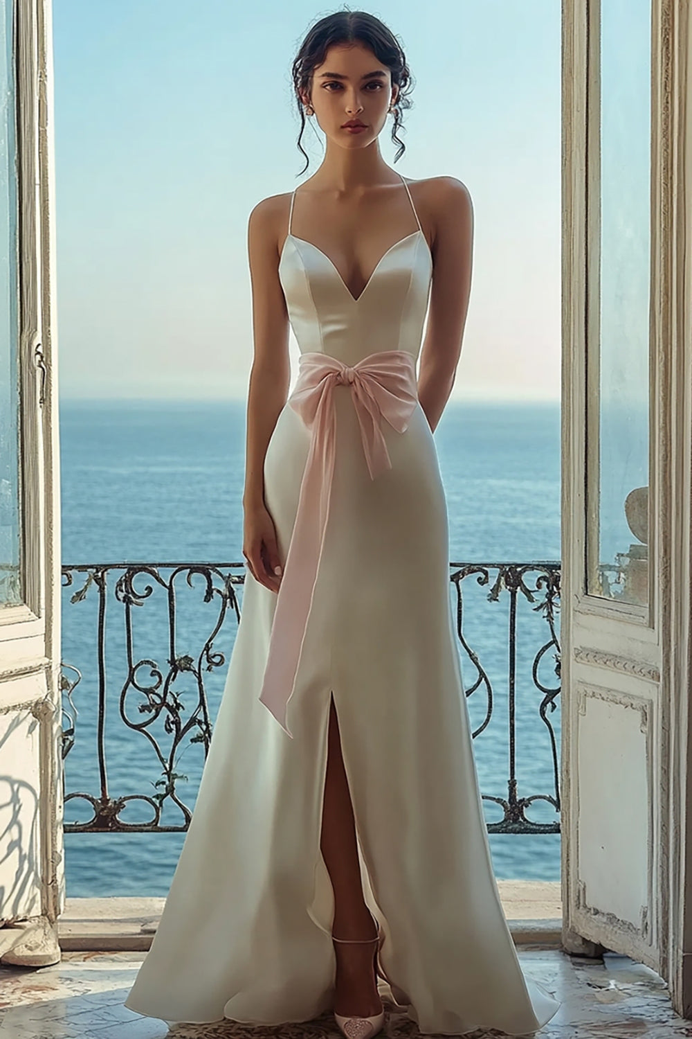 White Spaghetti Straps Satin Formal Dress with Slit