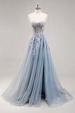 Sparkly Dusty Blue A Line Corset Beaded Maxi Prom Dress with Slit