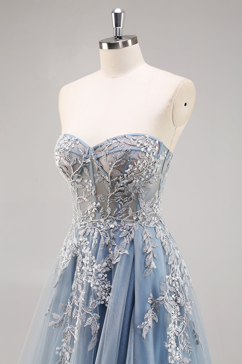 Sparkly Dusty Blue A Line Corset Beaded Maxi Prom Dress with Slit