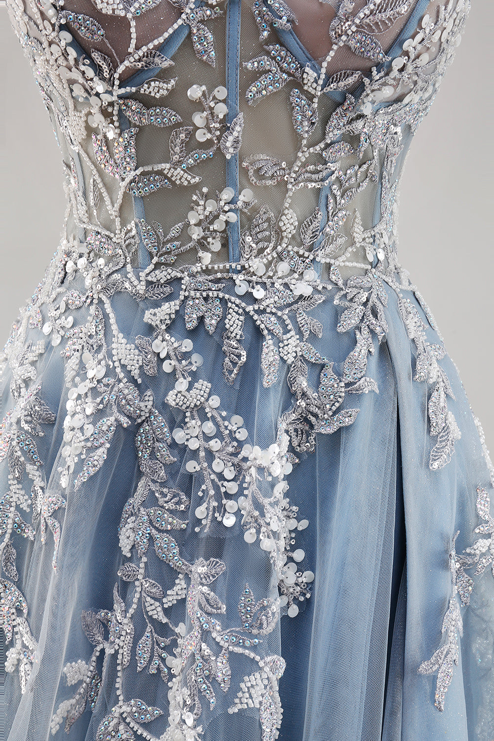 Sparkly Dusty Blue A Line Corset Beaded Maxi Prom Dress with Slit