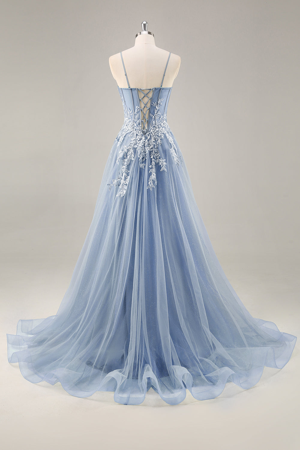 Sparkly Dusty Blue A Line Corset Beaded Maxi Prom Dress with Slit