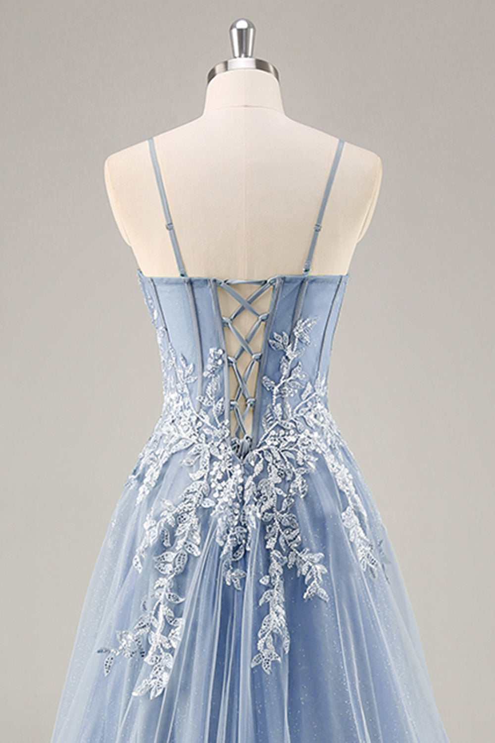 Sparkly Dusty Blue A Line Corset Beaded Maxi Prom Dress with Slit