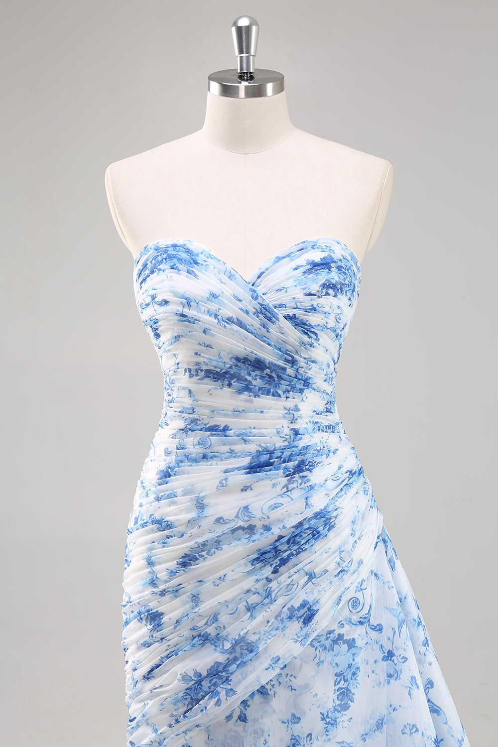 White Blue Mermaid Floral Print Maxi Prom Dress with Ruffles