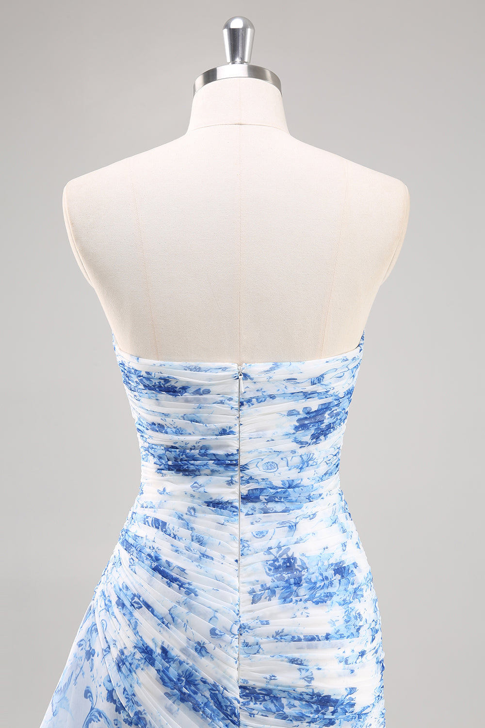 White Blue Mermaid Floral Print Maxi Prom Dress with Ruffles