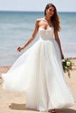 Sweetheart White A Line Tulle Sweep Train Wedding Dress