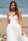 Sweetheart White A Line Tulle Sweep Train Wedding Dress