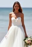 Sweetheart White A Line Tulle Sweep Train Wedding Dress
