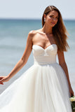 Sweetheart White A Line Tulle Sweep Train Wedding Dress