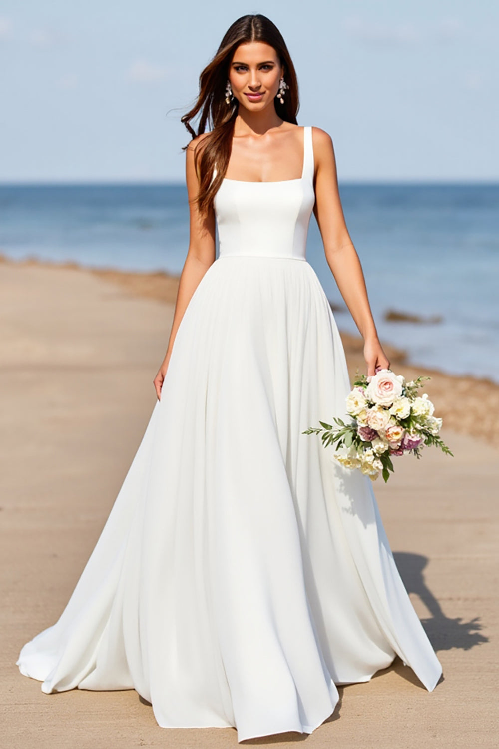 Square Neck Satin A Line White Sweep Train Wedding Dress