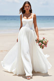 Square Neck Satin A Line White Sweep Train Wedding Dress
