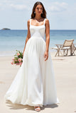 Square Neck Satin A Line White Sweep Train Wedding Dress