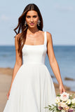 Square Neck Satin A Line White Sweep Train Wedding Dress