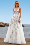 Tulle A Line White Floral Sweep Train Wedding Dress