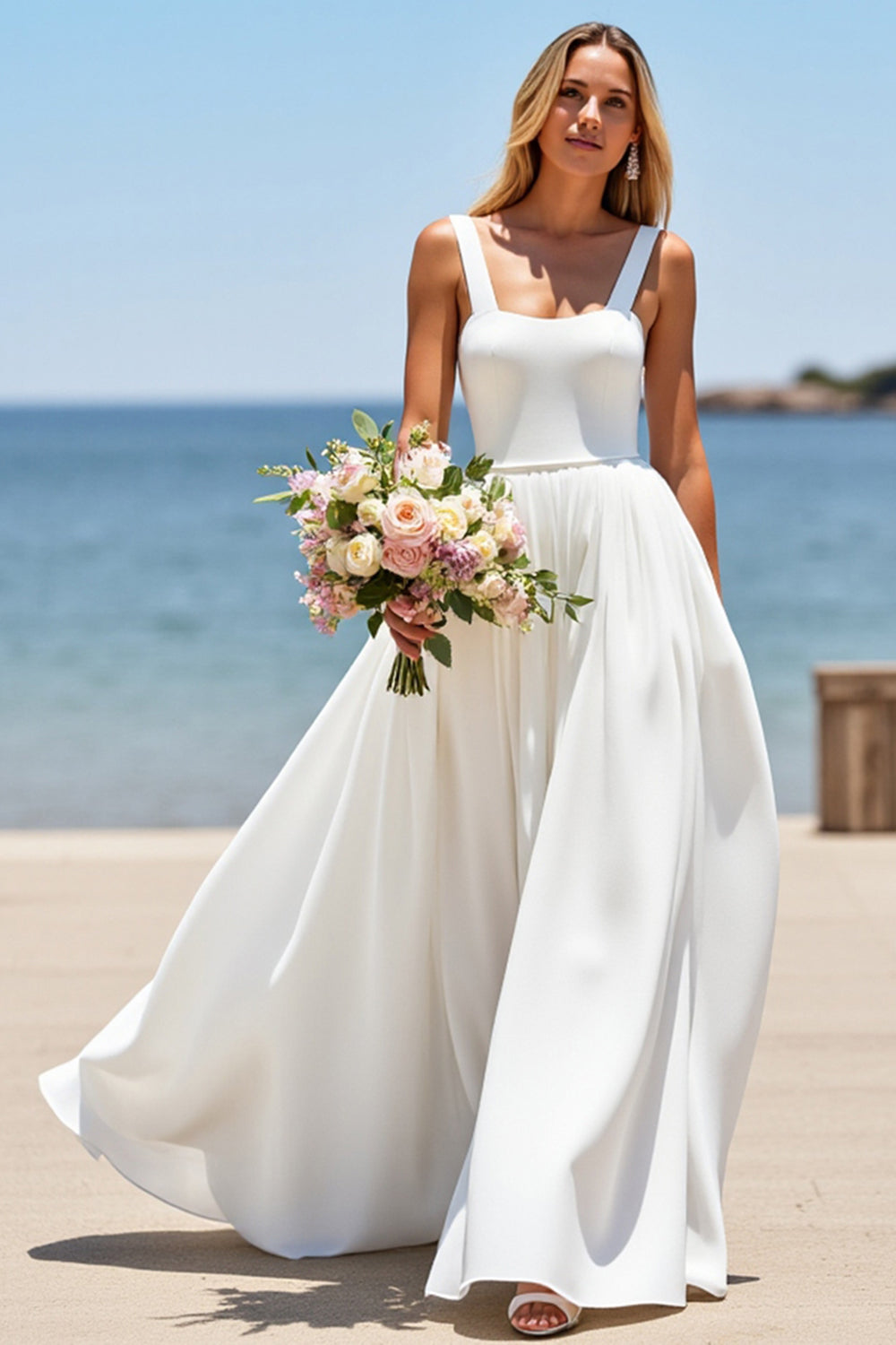 Square Neck Satin White Boho Sweep Train Wedding Dress