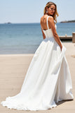 Square Neck Satin White Boho Sweep Train Wedding Dress
