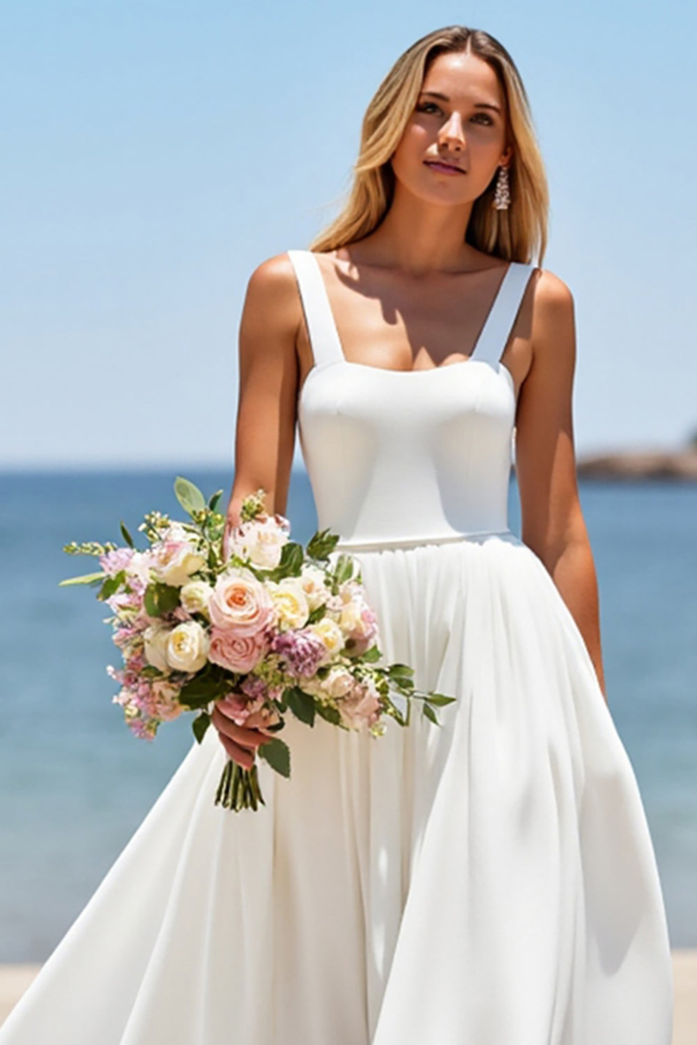 Square Neck Satin White Boho Sweep Train Wedding Dress