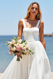 Square Neck Satin White Boho Sweep Train Wedding Dress