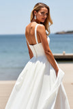Square Neck Satin White Boho Sweep Train Wedding Dress