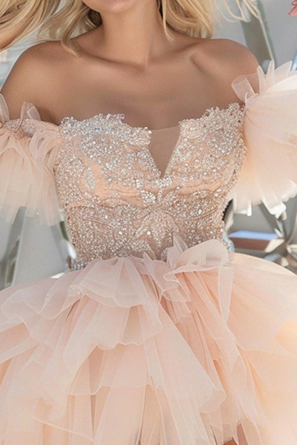 Sparkly Light Pink Tiered Short Prom Dress with Appliques