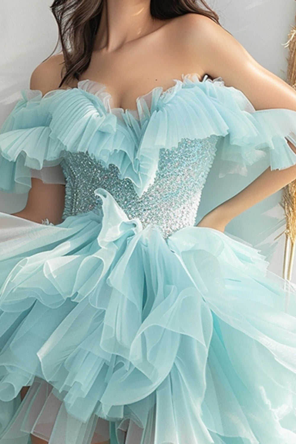 Sparkly Light Green Tiered Short Prom Dress with Ruffles