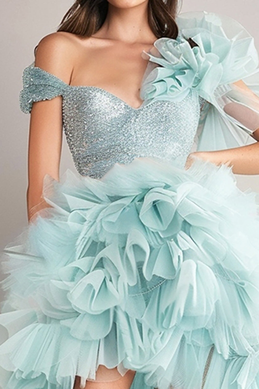 Sparkly Light Green High-Low Prom Dress with Ruffles