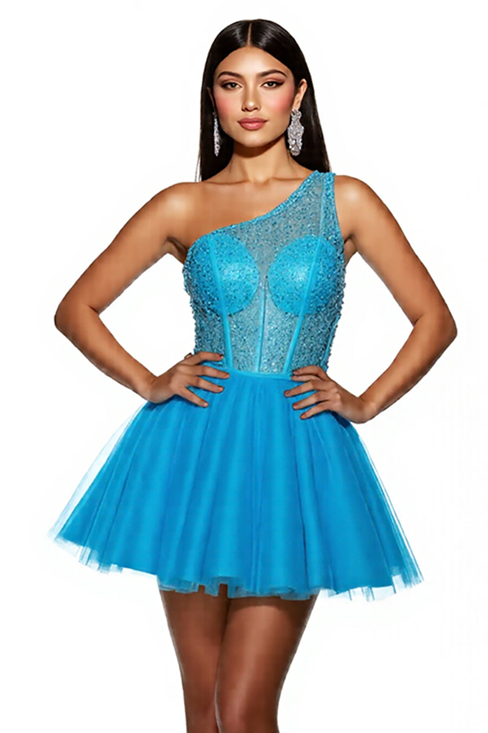 Sparkly Sky Blue A Line One Shoulder Corset Mini Tulle Prom Dress