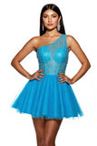 Sparkly Sky Blue A Line One Shoulder Corset Mini Tulle Prom Dress