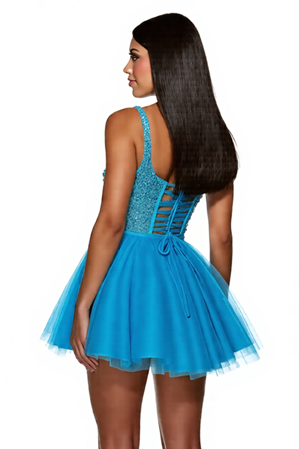 Sparkly Sky Blue A Line One Shoulder Corset Mini Tulle Prom Dress