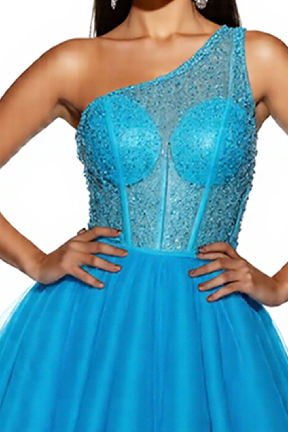 Sparkly Sky Blue A Line One Shoulder Corset Mini Tulle Prom Dress