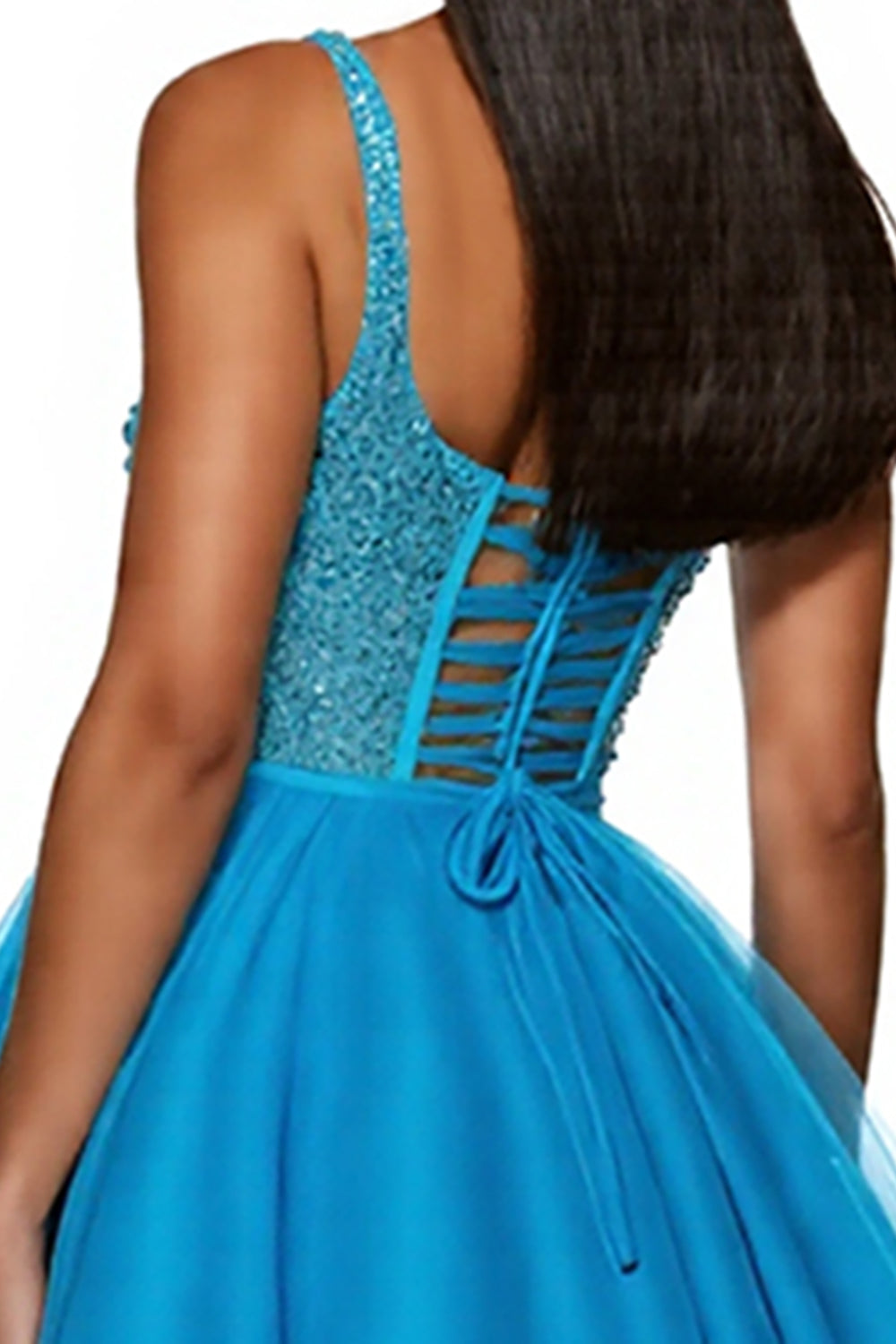 Sparkly Sky Blue A Line One Shoulder Corset Mini Tulle Prom Dress