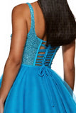 Sparkly Sky Blue A Line One Shoulder Corset Mini Tulle Prom Dress