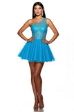 Sparkly Sky Blue A Line One Shoulder Corset Mini Tulle Prom Dress