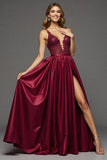 Burgundy A Line V-Neck Long Satin Prom Dress with Slit