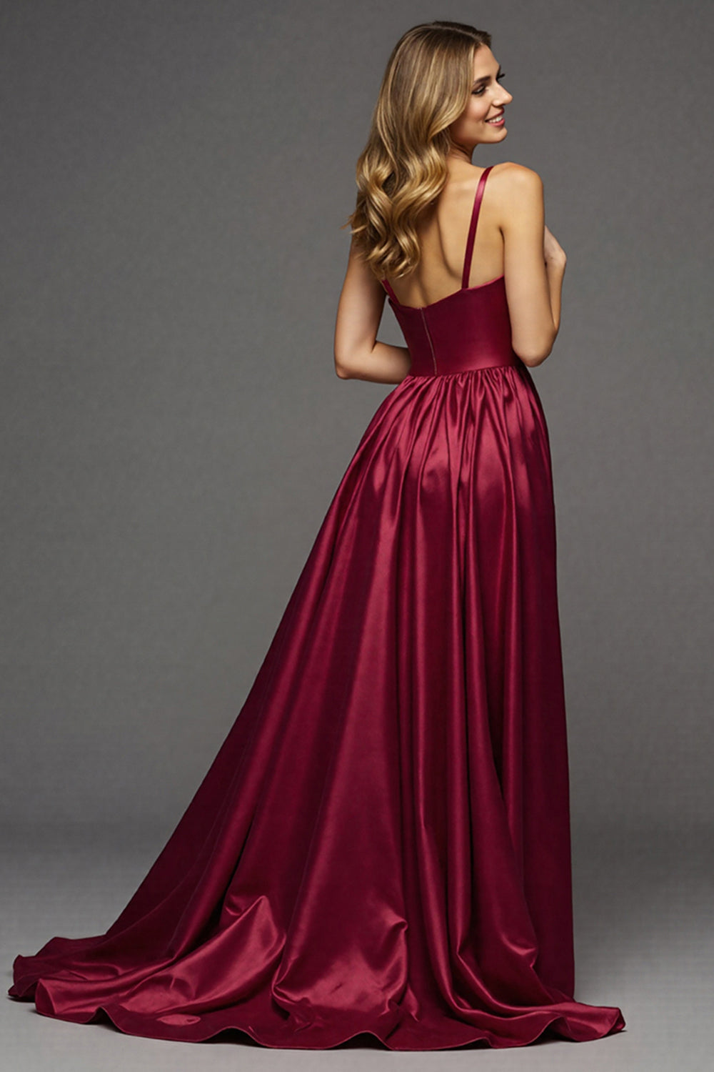 Burgundy A Line V-Neck Long Satin Prom Dress with Slit